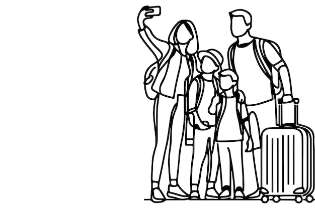 Dessin Continu D'une Ligne Noire Famille Joyeuse Prenant Un Selfie Ou Un Appel Vidéo