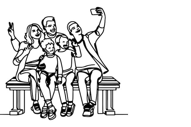 dessin continu d'une ligne noire famille joyeuse prenant un selfie ou un appel vidéo