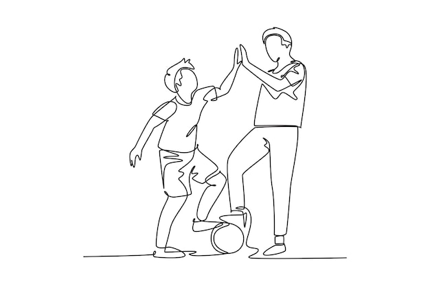 Dessin continu d'une ligne père et fils actifs jouant au football ensemble sur le terrain extérieur et donnant cinq gestes élevés Concept de parentalité heureuse Illustration graphique vectorielle de conception de dessin à une seule ligne