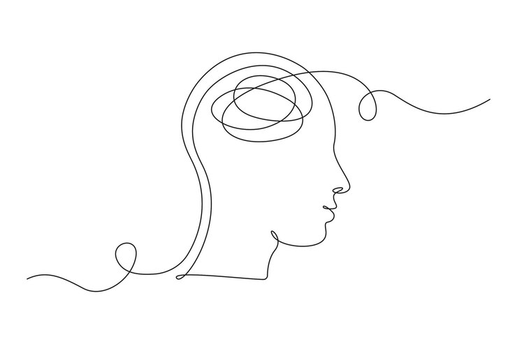 Dessin continu d'une ligne d'une personne aux sentiments confus et inquiète d'une mauvaise santé mentale. Concept de problèmes, d'échec et de deuil. Illustration vectorielle linéaire