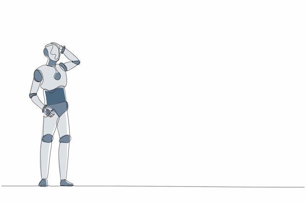 Un dessin continu d'une ligne robot confus debout opportunités manquées robot humanoïde cybernétique