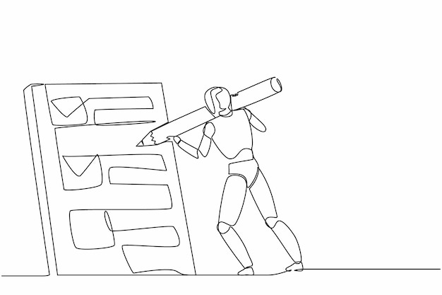 Un dessin continu d'une ligne robots debout et marquer la liste de contrôle avec un grand crayon robotique future