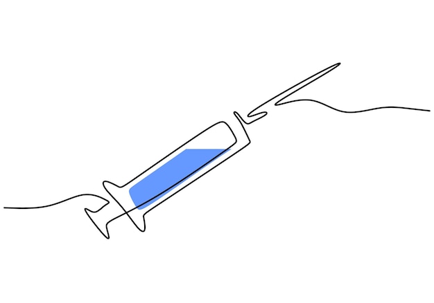 Dessin continu d'une ligne de seringue avec aiguille pour le test du vaccin corona