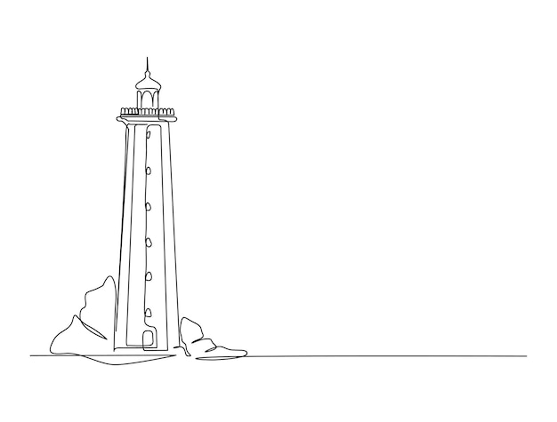 Dessin Continu D'une Ligne De La Tour Du Phare. Illustration Simple De La Tour De La Colline Du Château, Côte De La Mer