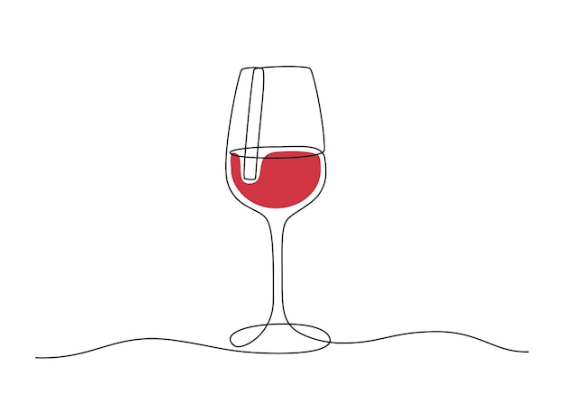 Dessin continu d'une ligne de verre à vin. Boisson rouge dans une tasse dans un style doodle. Trait modifiable. Illustration vectorielle noir et blanc