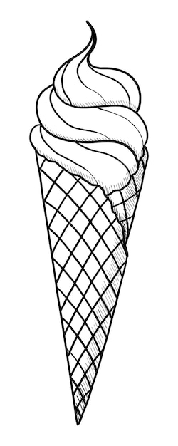 DESSIN DE CONTOUR VECTORIEL DE CRÈME GLACÉE AVEC UN CÔNE DE GAUFRE SUR UN FOND BLANC