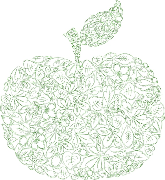 Dessin De Contour Vectoriel De La Silhouette De Pomme Verte à Partir De Diverses Feuilles Décoratives De Doodle