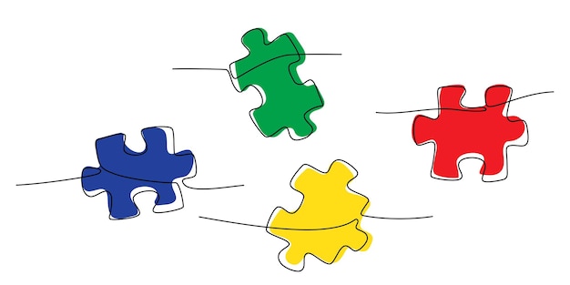 Vecteur dessin en couleur en ligne continue de pièces de puzzle isolées dessin en ligne unique de pièces de puzzle pour les idées stratégie d'affaires pensée créativité résolution de problèmes vecteur de traits modifiables