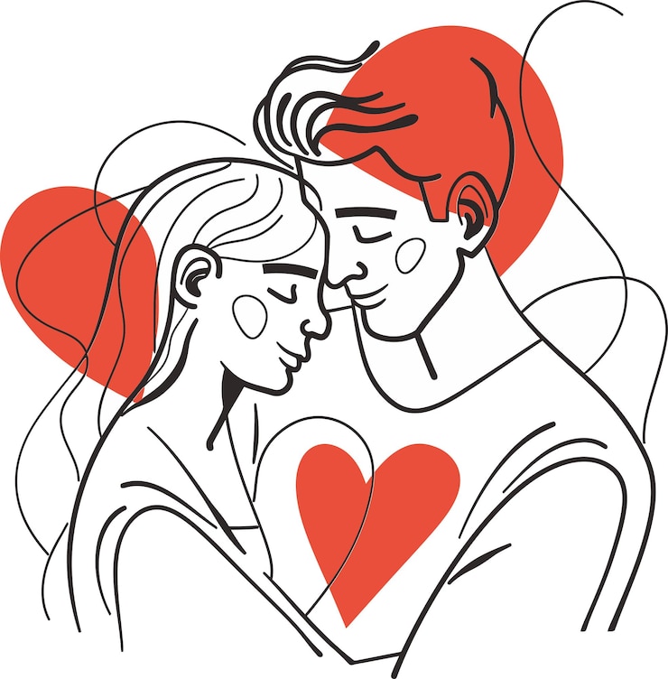 Vecteur un dessin d'un couple avec un cœur avec les mots amour dessus