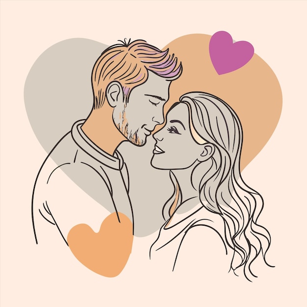 un dessin d'un couple avec des cœurs et un homme qui s'embrasse