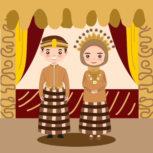 Vecteur dessin couple makasar avec robe de mariée traditionnelle culture bugis