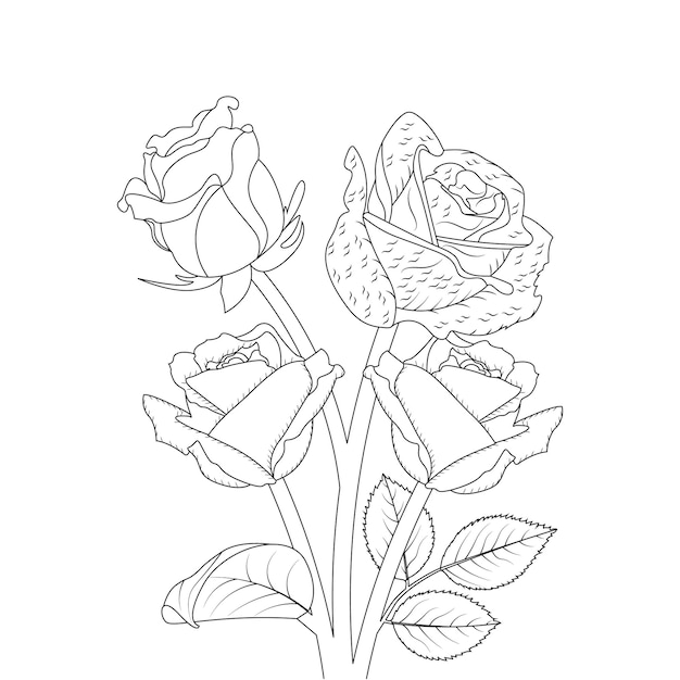 Dessin De Croquis De Ligne De Page De Coloriage De Fleur Rose Avec Dessin Décoratif à La Main