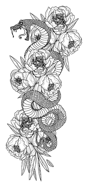 Vecteur dessin et croquis à la main de serpent et de fleur d'art de tatouage