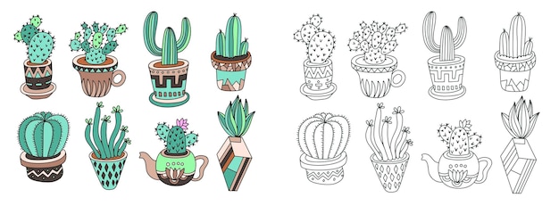 Dessin De Croquis Style Plat De Plantes D'intérieur Pots De Fleurs Avec Illustration Vectorielle De Cactus