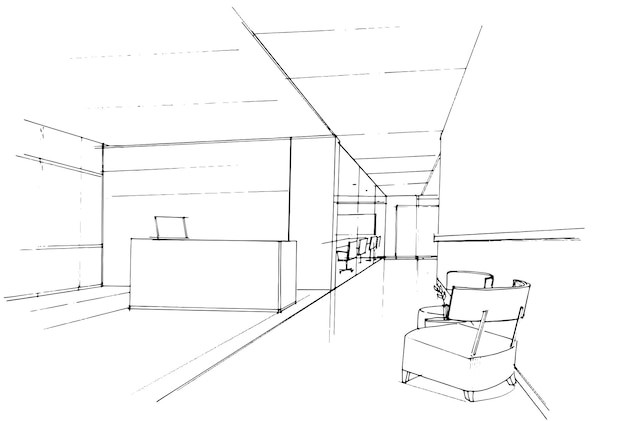 Dessin de croquis de la zone d'attente du bureau de l'entrepriseDesign modernevecteurIllustration 2d