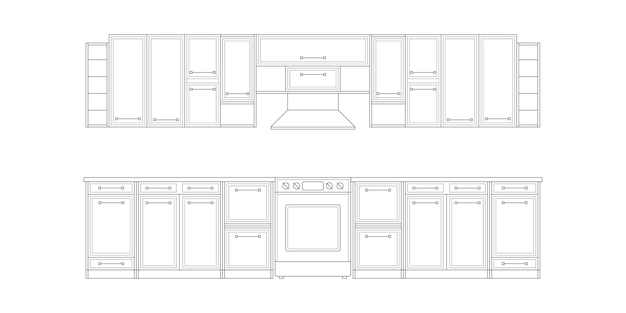 Dessin de cuisine. Vue de face de cuisine intérieure de croquis linéaire architectural.