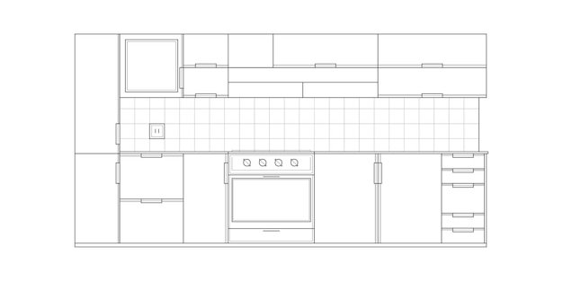 Vecteur dessin de cuisine. vue de face de cuisine intérieure de croquis linéaire architectural.