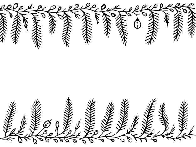 Vecteur dessin dessiné à la main d'un motif de noël avec des branches de sapin sur fond blanc