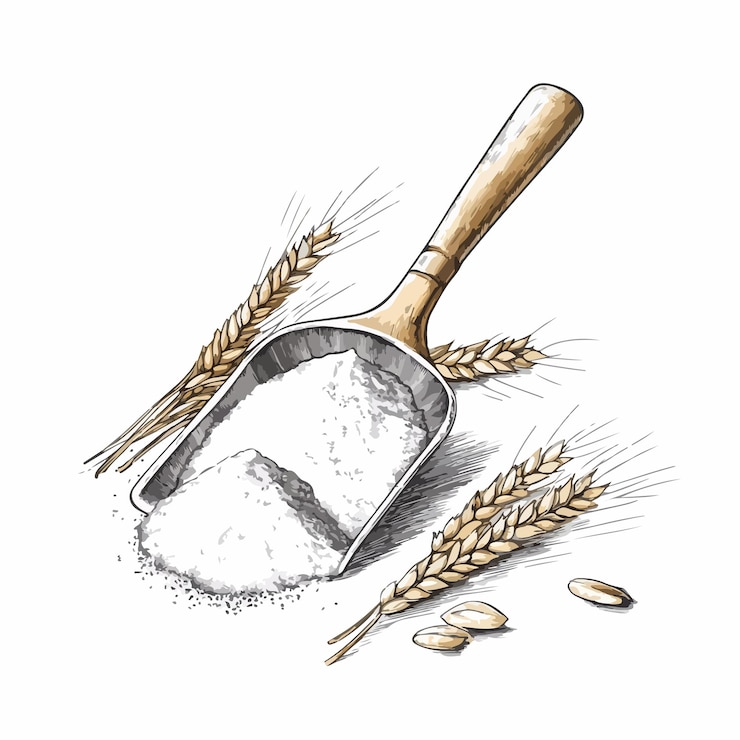 Vecteur dessin détaillé d'une pelle à farine sur fond blanc.