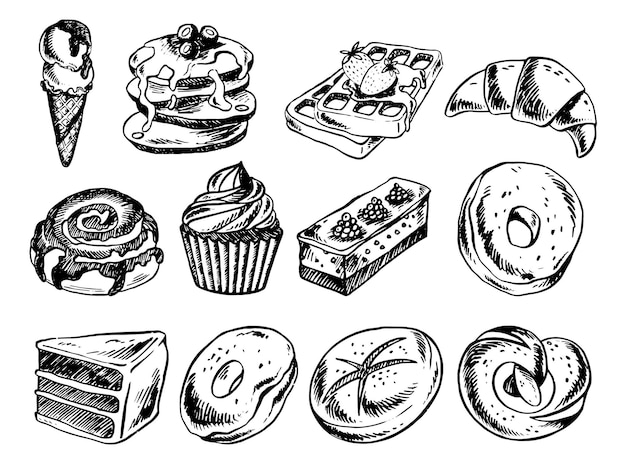 Vecteur un dessin de différents types de boulangerie et de bonbons dans le style de tableau clipart alimentaire dessiné à la main
