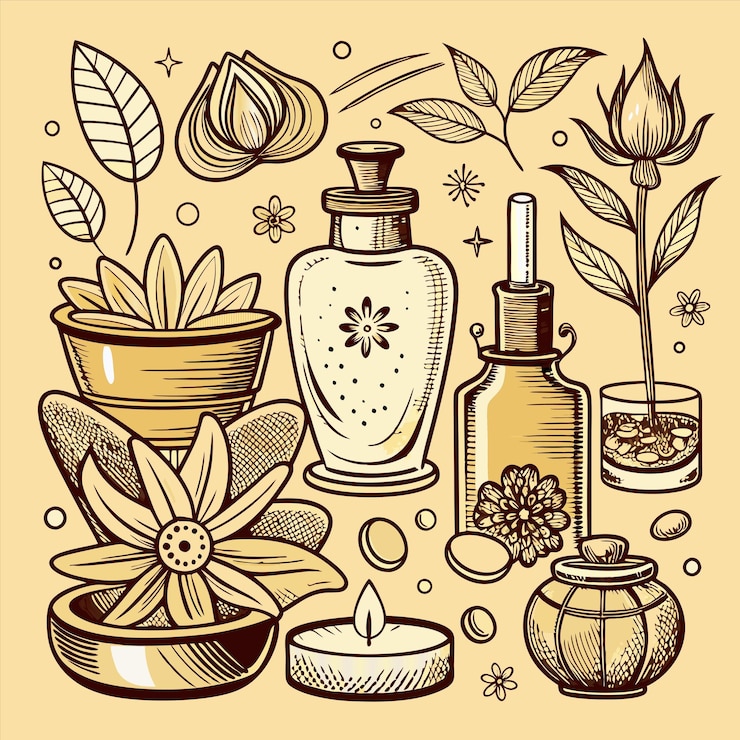Vecteur un dessin de diverses bouteilles et fleurs avec une bouteille de parfum