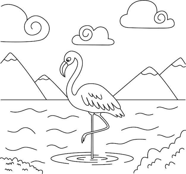 Dessin du contour d'un flamant qui se tient avec une patte sur l'eau d'un lac à l'arrière-plan des montagnes