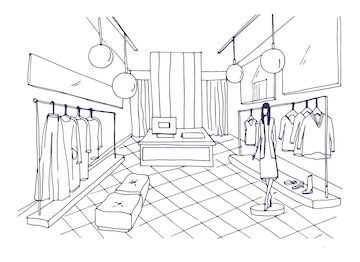 Dessin D'ensemble De L'intérieur De La Boutique De Vêtements Avec Mobilier,  Vêtements Suspendus Sur Des Cintres, Mannequin Vêtu De Vêtements élégants.  Magasin De Mode Dessiné à La Main Avec Des Lignes De