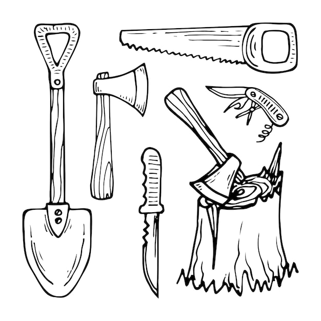 Dessin d'équipement de camping Couteau à scie à pelle Illustration dessinée à la main