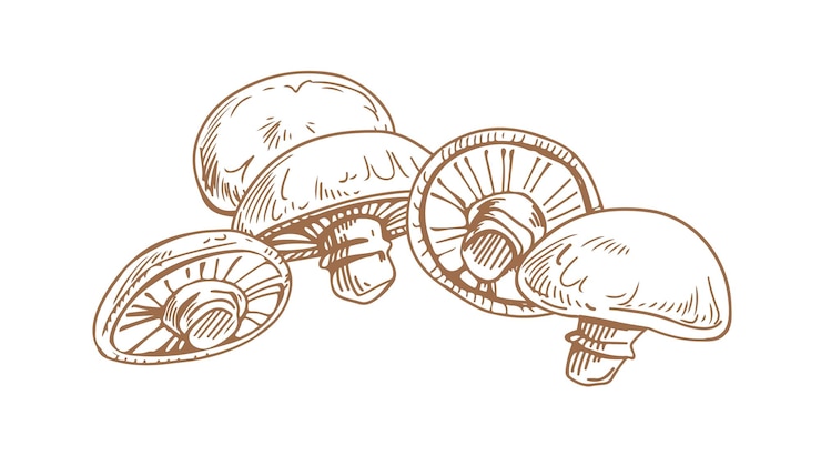 Vecteur dessin esquissé de champignons portobello. gravure de champignons portobella comestibles. champignons naturels organiques. illustration vectorielle profilée dessinée à la main de champignon isolé sur fond blanc.