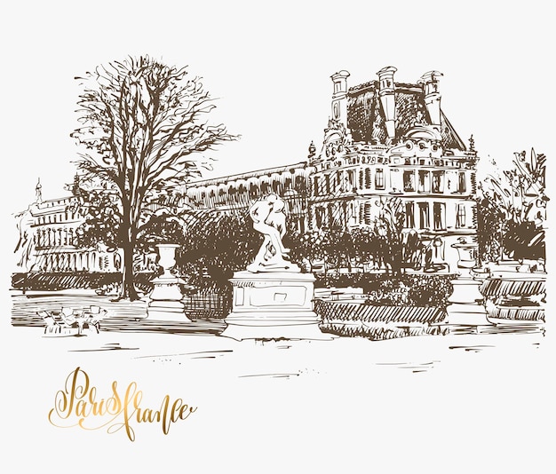 Dessin D'esquisse Du Louvre, Paris, France Avec Lettrage Doré à La Carte De Voyage, Affiche Ou Carte Postale, Illustration Vectorielle Dessinée à La Main