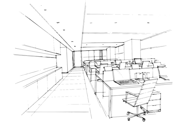 Vecteur dessin d'esquisse de zone de travail de bureaudesign modernevecteurillustration 2d