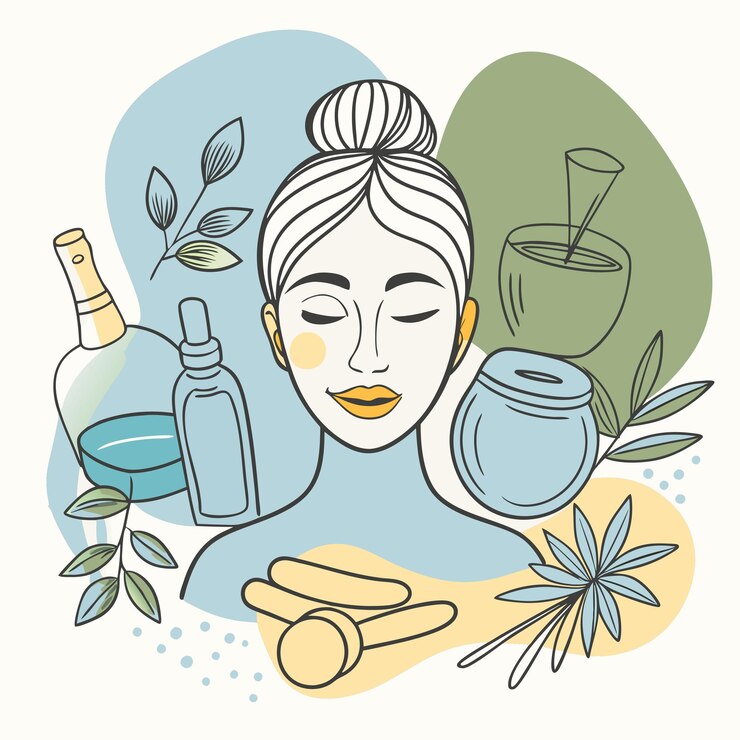 Vecteur un dessin d'une femme avec une bouteille d'huile d'olive et des bouteilles d'alcool