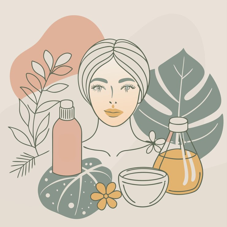 Vecteur un dessin d'une femme avec une bouteille de parfum et une plante