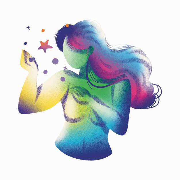 un dessin d'une femme avec des cheveux de couleur arc-en-ciel et une chemise bleue et verte