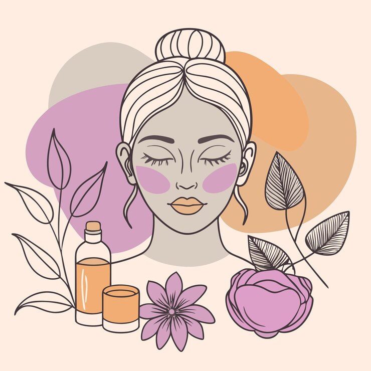 Vecteur un dessin d'une femme avec des fleurs et une bouteille de parfum