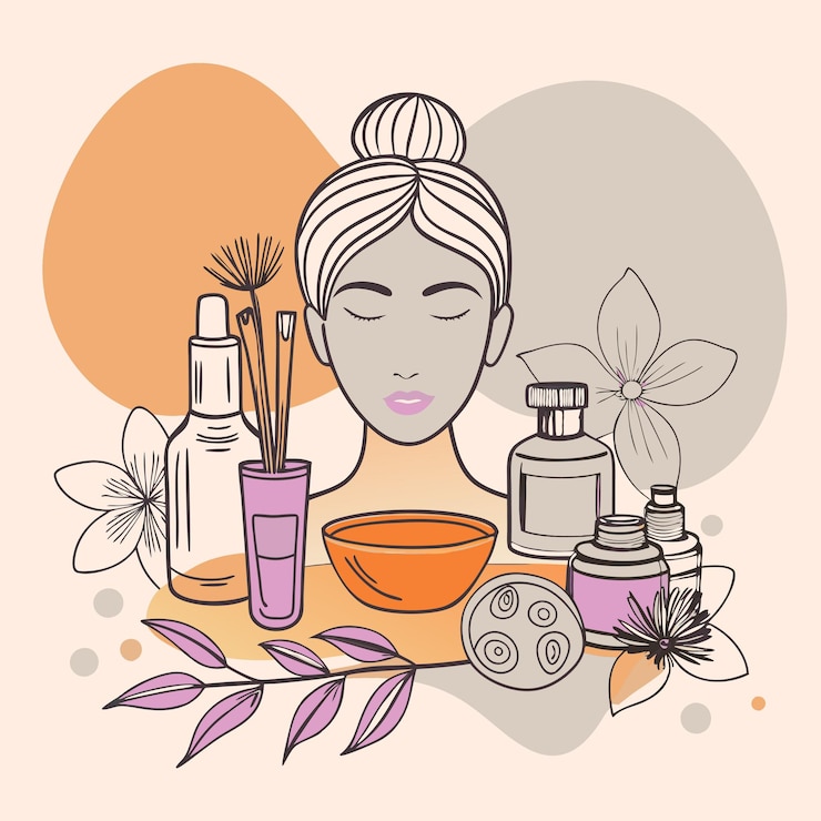 Vecteur un dessin d'une femme avec un masque facial et des bouteilles de parfum
