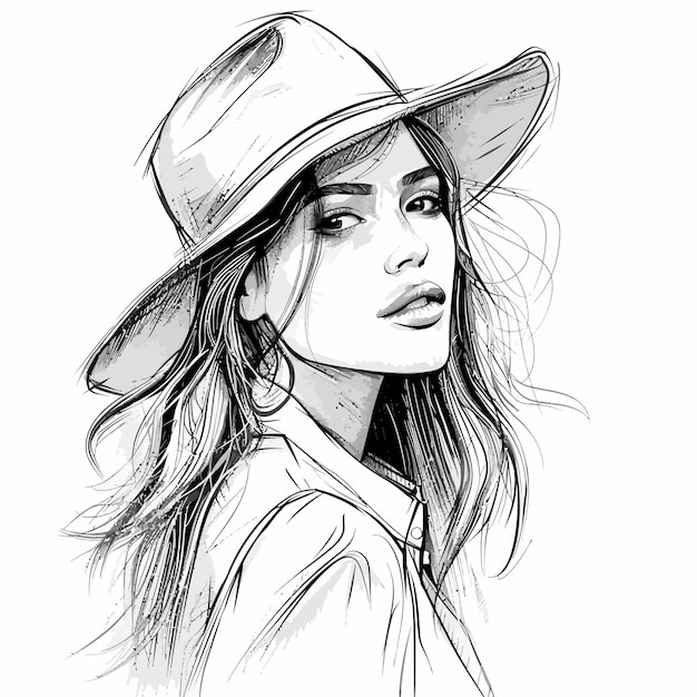 Vecteur un dessin d'une femme portant un chapeau avec un chapeaux dessus