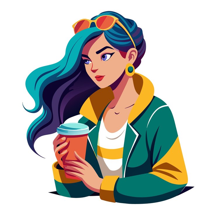 Vecteur un dessin d'une femme avec une tasse de café