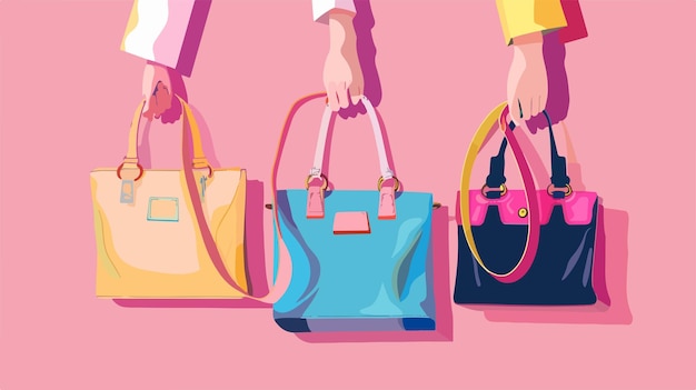 un dessin d'une femme tenant un sac à main avec un fond rose