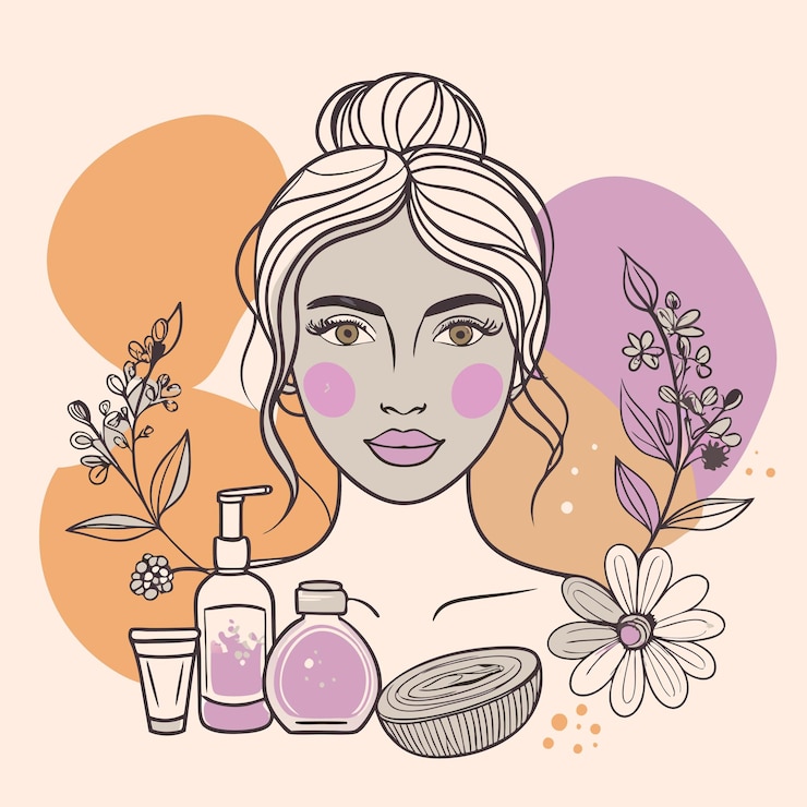Vecteur un dessin d'une femme avec un visage rose et des fleurs en arrière-plan