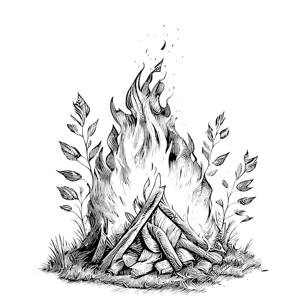 Vecteur un dessin d'un feu de camp avec des feuilles sur le dessus.