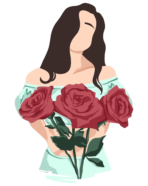 Vecteur dessin d'une fille avec une belle coiffure et des roses dans les mains