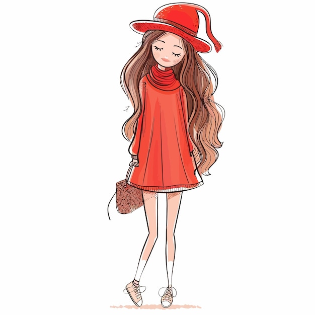 Vecteur un dessin d'une fille dans une robe rouge et un sac