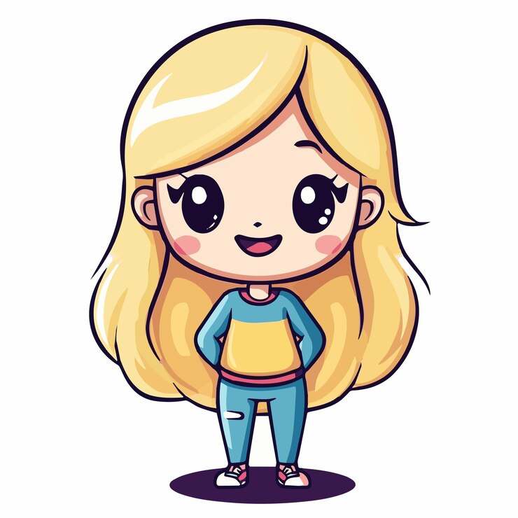 Vecteur un dessin d'une fille avec de longs cheveux blonds et des jeans bleus