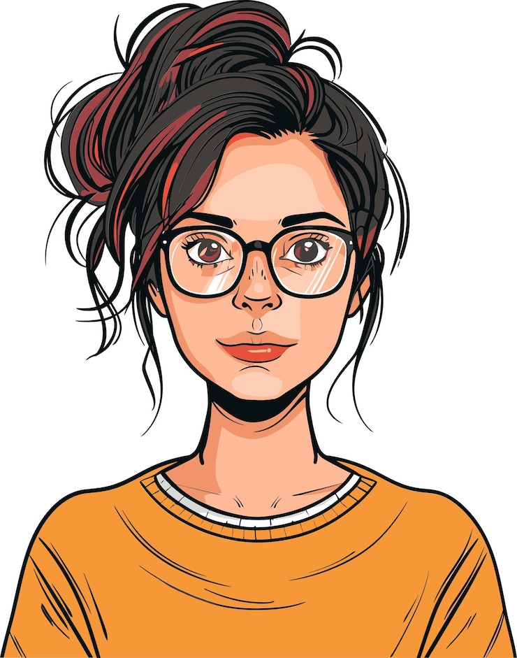 Vecteur un dessin d'une fille portant des lunettes avec des lèvres rouges et une chemise jaune qui dit le mot