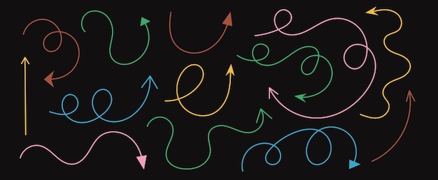 Dessin de flèches bouclées symbole dans le style de griffon Set de couleurs ludiques flèche tourbillonnante ondulée isolée sur fond noir éléments de conception
