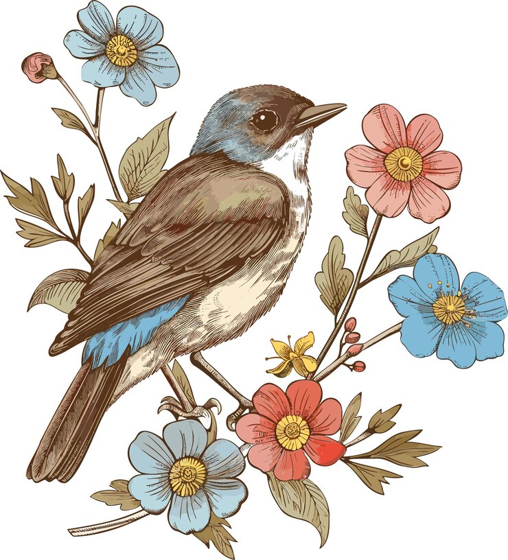 Vecteur un dessin de fleurs et d'oiseaux avec un oiseau dessus