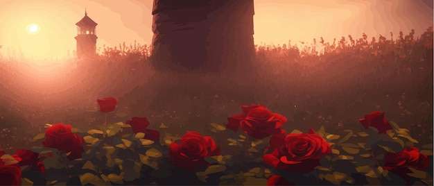 Vecteur dessin de fleurs de rose rouge sur le terrain et vue d'arrière-plan flou tour sombre et mystérieuse et une lune brillante