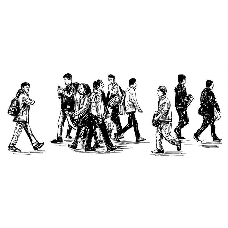 Vecteur dessin des gens marchent dans la rue au japon