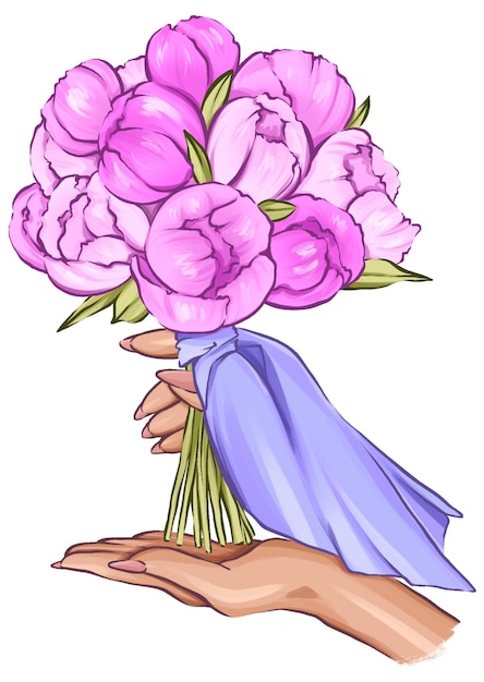 Vecteur dessin graphique d'une main féminine en format vectoriel tenant un bouquet de pivoines roses
